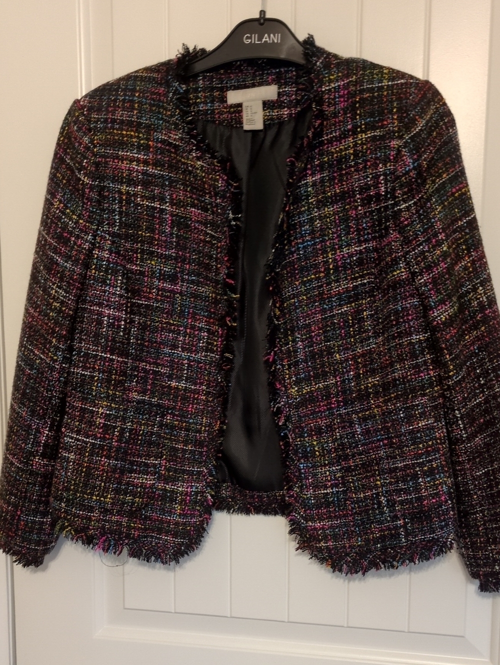 H&M Black Multicolor Tweed Fringe-Trim Jacket